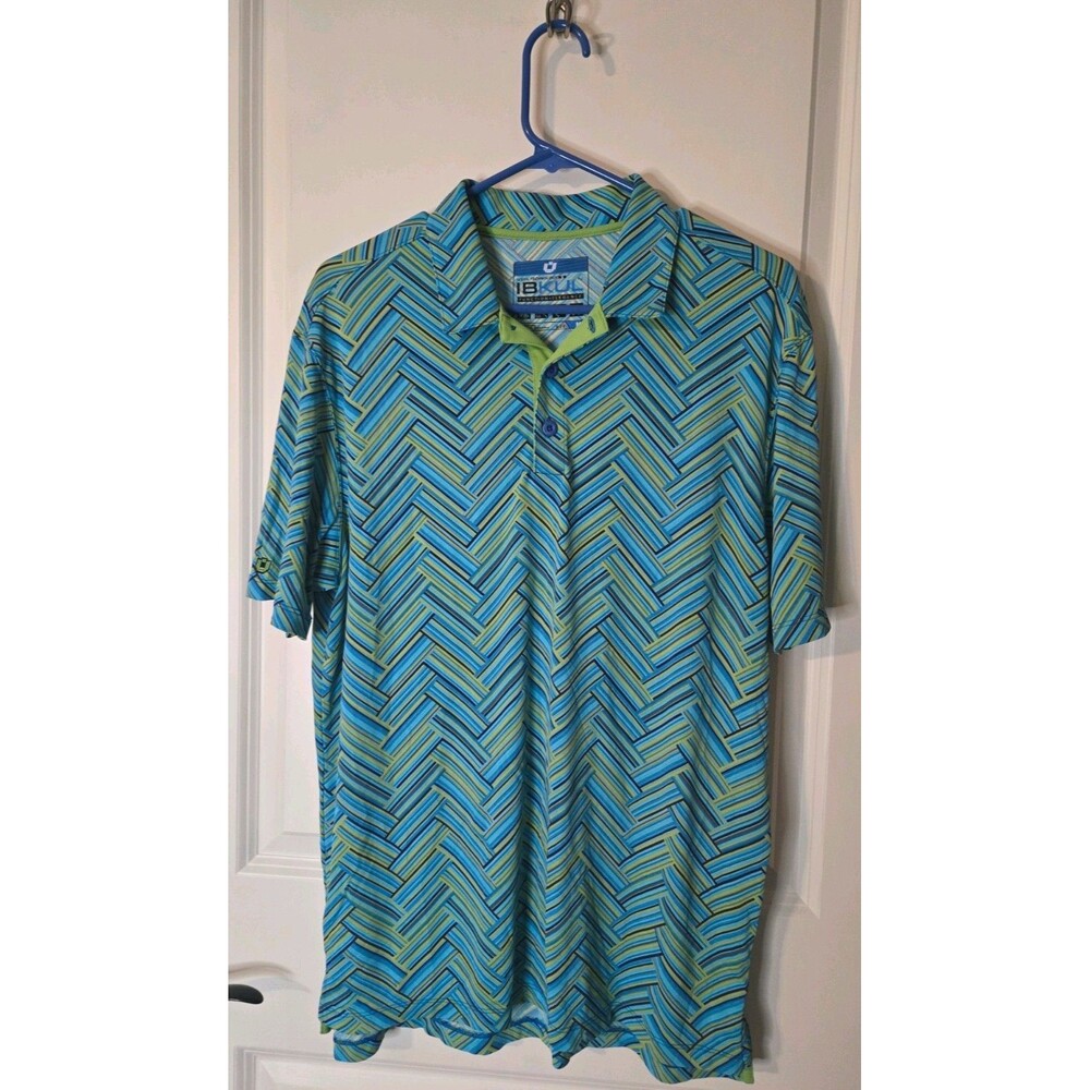 IBKUL Mens Golf Polo Medium Blue Green Herringbone Resort-Inspired UPF 50+